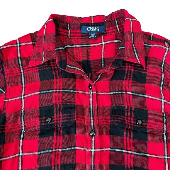 Chaps Ralph Lauren Petite Large Womens Red Black Plaid Button-Up Shirt Cabincore - Picture 2 of 7